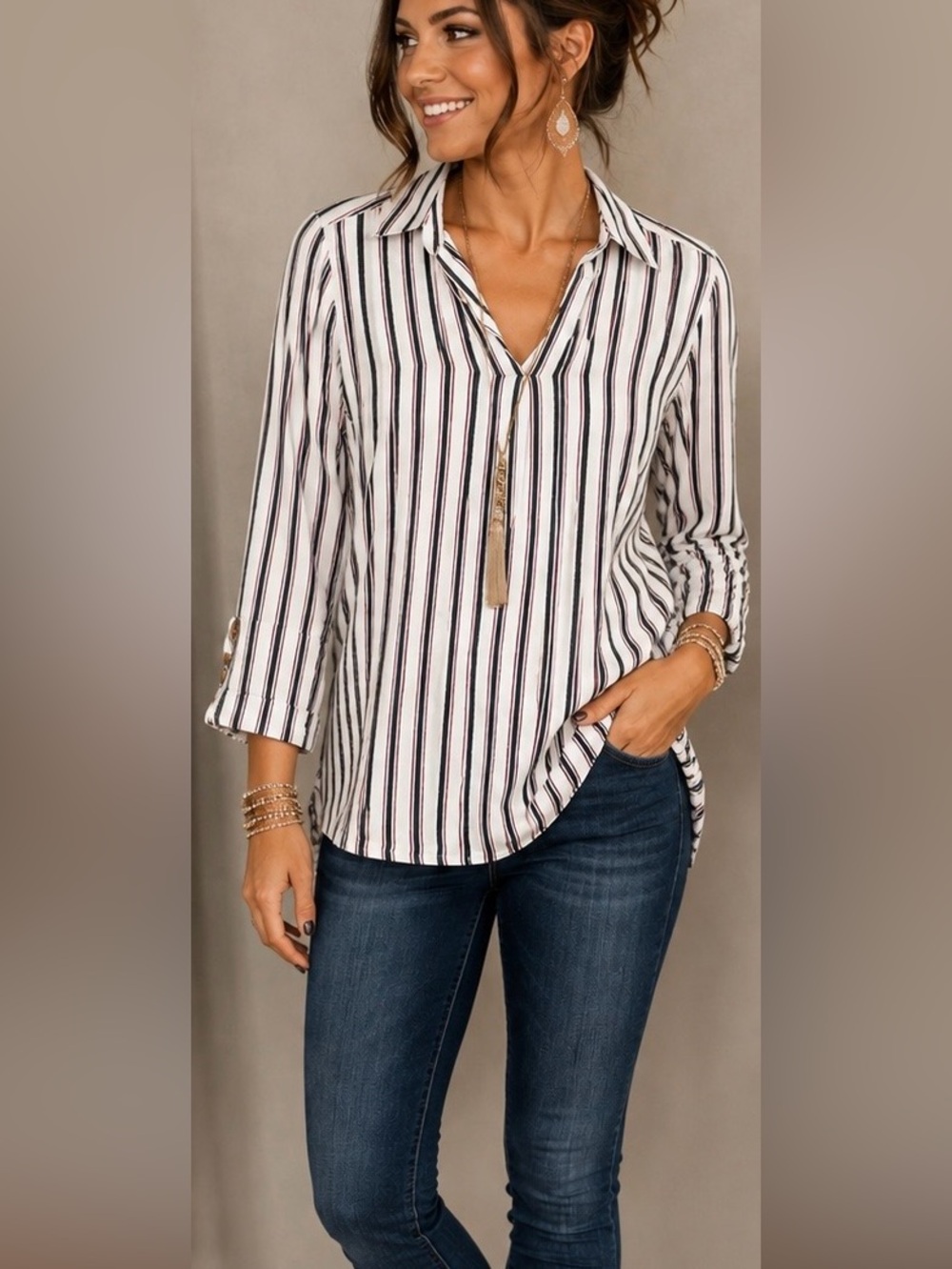 St. John's Bay White V‑Neck Vertical Stripe Blouse with buttons up both sides